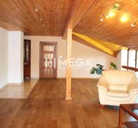 Dachgeschosswohnung mit 3 Zimmern, Holzelementen, Ledersofas und großen Fenstern.