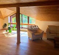 Wohnzimmer einer 3-Zimmer-Dachgeschosswohnung mit Holzdecke und Ledersofa.