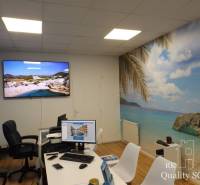 Ein Büro mit einem Computer und einer Dekoration mit einem tropischen Strand an der Wand in einem Gebäude.