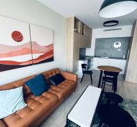 2-Zimmer-Wohnung mit Ledersofa, Kunstgemälde und Küche mit Esstisch.