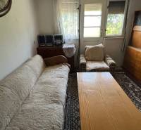 Wohnzimmer in einem Einfamilienhaus mit Sofa, Sessel und Holzmöbeln.