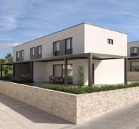 Exterieur einer 4-Zimmer-Wohnung in Mandre mit Terrasse, moderner Architektur und geparktes Auto.