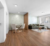 Wohnzimmer in einer 3-Zimmer-Wohnung mit Holzboden, Sofa und Esstisch.