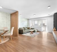Wohnzimmer in einer 3-Zimmer-Wohnung mit Sofa, Esstisch und modernen Möbeln.