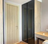 Holztüren und ein Glasschrank im Schlafzimmer einer Zweizimmerwohnung.