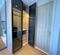 Ein Kleiderschrank mit offenen Türen in einer Zweizimmerwohnung, neben dem Küchenbereich.