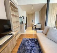Wohnzimmer in einer Zweizimmerwohnung mit Sofa, Fernseher und Essecke.