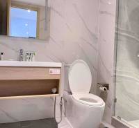 Badezimmer in einer 2-Zimmer-Wohnung mit weißen Wänden, Spiegel und Dusche.