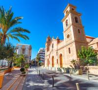 Calle Campoamor 12 in Torrevieja mit einer Kirche und Palmen an einem sonnigen Tag.