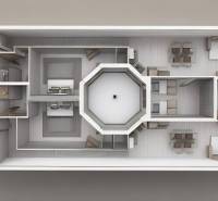 Grundriss einer 3-Zimmer-Wohnung: zentraler Flur, zwei Schlafzimmer, Wohnzimmer, Küche, sanitäre Einrichtungen.