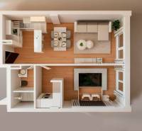 Grundriss einer 3-Zimmer-Wohnung mit Einrichtung, einschließlich Küche, Wohnzimmer und Schlafzimmer.