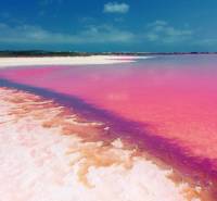 Die rosa Lagune und der weiße Salzstrand bei Torrevieja auf einem Foto aus Campoamor 12.