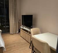 Interieur einer Einzimmerwohnung mit Tisch, Stühlen, Fernseher und Vorhängen.