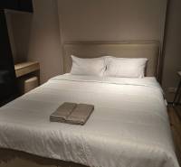 Schlafzimmer in einer Einzimmerwohnung mit einem großen Bett und einer Kommode.