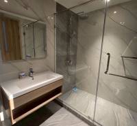 Badezimmer in einer 3-Zimmer-Wohnung mit einem großen Spiegel und einer Duschkabine mit Glaswand.