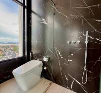 Ein Badezimmer in einer 4-Zimmer-Wohnung mit Marmorstangen und Blick auf die Stadt.