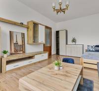 Obývací Zimmer in einer Einzimmerwohnung mit Holzmöbeln und Dekorationen.
