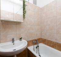 Badezimmer mit Badewanne, Waschbecken und Spiegel in einer Einzimmerwohnung.