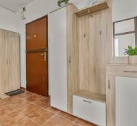 Eingangsbereich in einer Einzimmerwohnung mit Holzmöbeln und Fliesenboden.