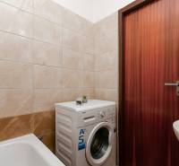 Badezimmer mit hellen Fliesen, Badewanne, Waschmaschine und brauner Tür in einer Einzimmerwohnung.