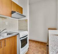 Küche in einer Einzimmerwohnung mit einer Holzzeile, einem Herd und einer dekorativen Blume auf dem Tisch.