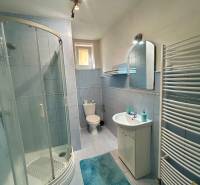 Badezimmer in einer 3-Zimmer-Wohnung mit blauen Fliesen, einer Duschkabine und einem Waschbecken.
