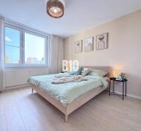 Ein Schlafzimmer in einer 3-Zimmer-Wohnung mit moderner Einrichtung und großem Fenster.