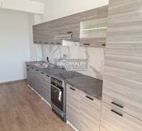 Küche in einer 2-Zimmer-Wohnung mit Holzboden und grauen Schränken.