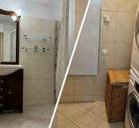 Badezimmer in einem Einfamilienhaus mit Waschbecken, Duschkabine und Waschmaschine mit Trockner.
