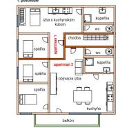 Grundriss des ersten Stockwerks eines Einfamilienhauses umfasst Zimmer, Flur, Badezimmer und Balkon.