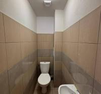 Toilette mit Waschbecken und Beleuchtung in Geschäftsräumen, Fliesen in hellbraunen Farbtönen.