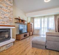 Wohnzimmer in einer Ferienwohnung mit Kamin, Sofa und großem Fenster.