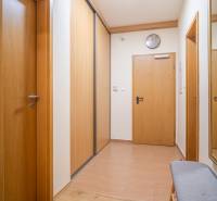 Flur mit Holztüren und Stauraum in einer Ferienwohnung.