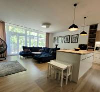Wohnzimmer in einer 3-Zimmer-Wohnung mit Kücheninsel, Sofa und Schaukel.