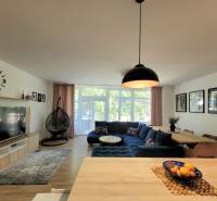 Wohnzimmer in einer 3-Zimmer-Wohnung mit einem blauen Sofa, großen Fenstern und einem Hängesessel.