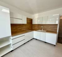 Eine Küche mit weißen Schränken und Holzverkleidung in einer Einzimmerwohnung.