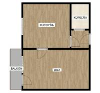 Grundriss einer Einzimmerwohnung: Küche, Zimmer, Badezimmer und Balkon.