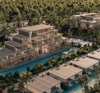 Ein von Palmen, Pools und modernen Gebäuden umgebenes Resort am Stadtrand.