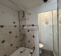 Badezimmer mit Badewanne und Duschkopf in einer Einzimmerwohnung, einfaches Design.