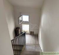 Treppe in einem Einfamilienhaus mit verglastem Fenster und matten Wänden.