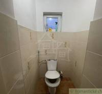 Kleines Badezimmer mit Keramikfliesen, WC und Fenster in einem Einfamilienhaus.