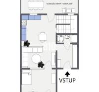 Grundriss des Erdgeschosses eines Einfamilienhauses mit Eingang, Terrasse und Wohnräumen in Stupava.