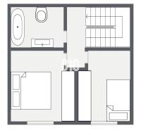 Obergeschoss eines Einfamilienhauses mit zwei Schlafzimmern und einem Badezimmer.