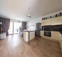 Innenraum eines Einfamilienhauses mit heller Küche und Wohnzimmer, Holzboden.