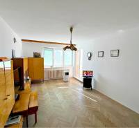 Wohnzimmer in einer Zweizimmerwohnung mit Holzmöbeln und einem Fernseher auf einem Ständer.