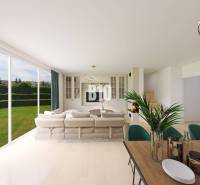 Wohnzimmer in einem Einfamilienhaus mit einem hellen Sofa, großen Fenstern und einem Esstisch.