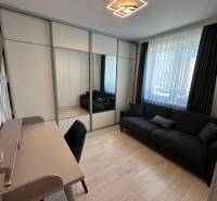 Ein Zimmer in einem Einfamilienhaus mit einem Sofa, einem Spiegelschrank und einem Schreibtisch.