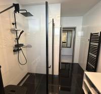 Badezimmer mit Dusche, schwarzen Fliesen und Stauraum in einem Einfamilienhaus.