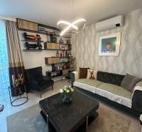 Wohnzimmer in einem Einfamilienhaus, mit einem eleganten Kronleuchter, einem Sofa und Regalen voller Dekorationen.