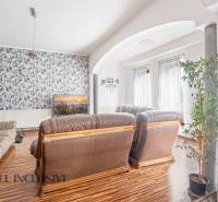 Wohnzimmer mit Ledersofa, gemusterten Tapeten und einer Pflanze im Einfamilienhaus.